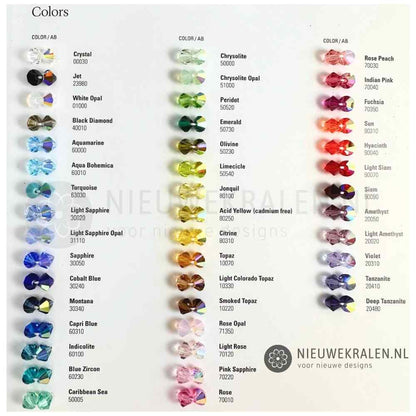 Preciosa bicone kralen 6 mm kleurenkaart met basiskleuren en AB-effecten – kristal kralen uit Tsjechië.