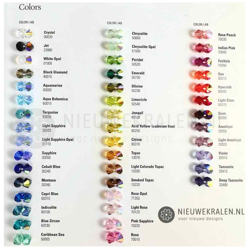 Preciosa bicone kralen 6 mm kleurenkaart met basiskleuren en AB-effecten – kristal kralen uit Tsjechië.