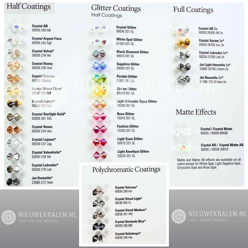 Kleurenkaart Preciosa bicone kralen – speciale coatings en effecten.