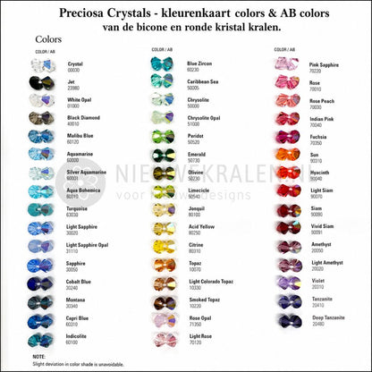 Preciosa Crystals kleurenkaart Colors en AB Colors voor bicone kristal kralen