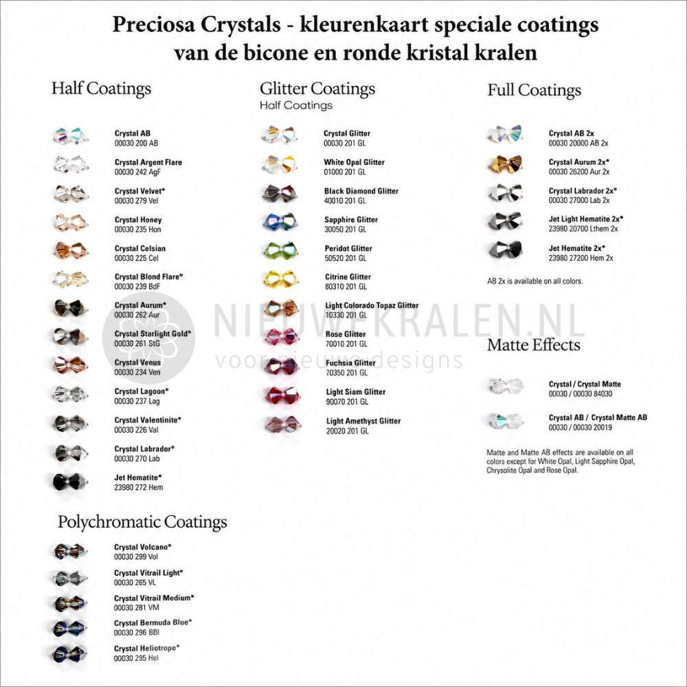 Preciosa Crystals kleurenkaart speciale coatings voor bicone kristal kralen