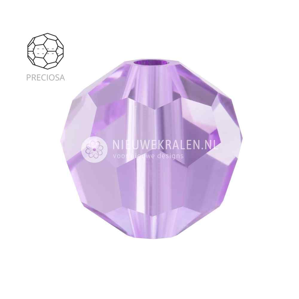 Preciosa Round Beads 6mm Violet (20310). Ronde facetgeslepen Tsjechische kristal kralen in een zachte, lichtpaarse tint voor sieraden en borduurwerk.