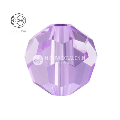 Preciosa Round Beads 6mm Violet (20310). Ronde facetgeslepen Tsjechische kristal kralen in een zachte, lichtpaarse tint voor sieraden en borduurwerk.
