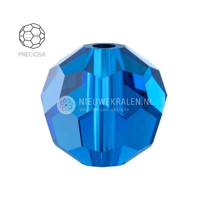 Preciosa Round Beads 6mm Capri Blue. Ronde facetgeslepen Tsjechische kristal kralen in een helderblauwe tint voor sieraden en borduren.