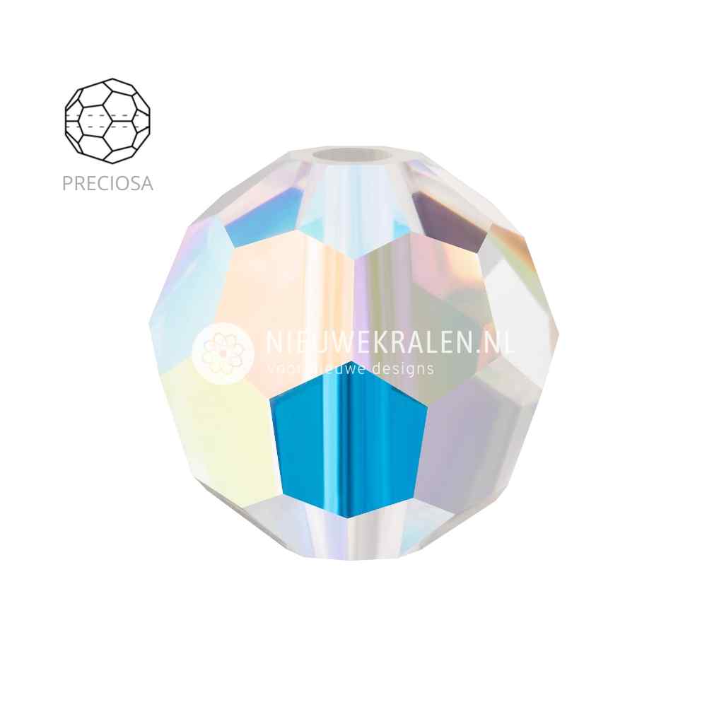 Preciosa Round Beads 6mm Crystal AB – ronde facetgeslepen Tsjechische kristal kralen met Aurora Borealis (AB) coating, ideaal voor sieraden en borduurwerk.