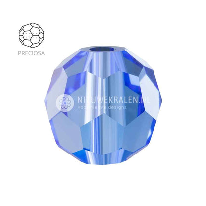 Preciosa Round Beads 6mm VSapphire (30050). Ronde facetgeslepen Tsjechische kristal kralen in een koningsblauwe tint voor sieraden en borduurwerk.