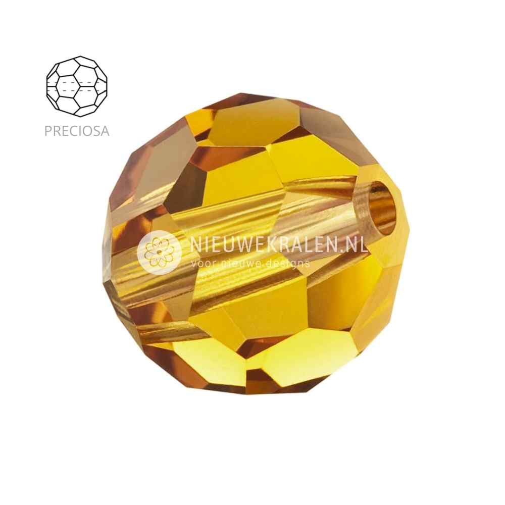 Preciosa Round Beads 6mm Topaz. Ronde facetgeslepen Tsjechische kristal kralen in een goudbruine tint voor sieraden en borduren.