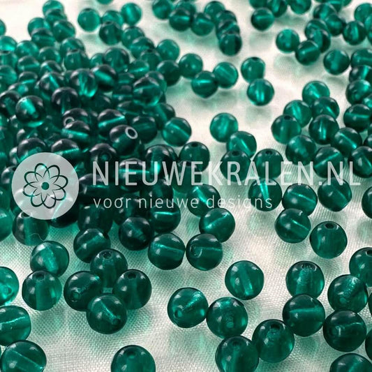 Ronde Pressed Beads glaskralen van 5 mm in transparant petrolgroen, Tsjechische glaskralen