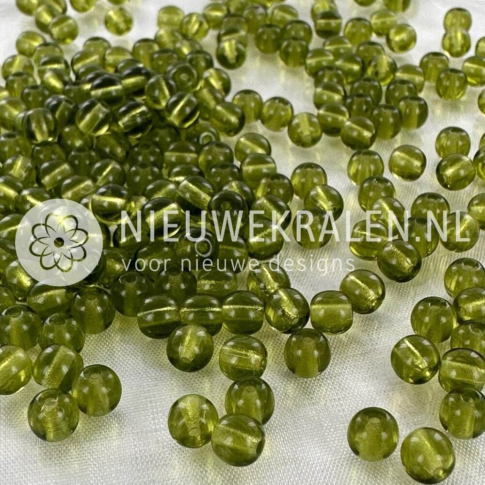 Ronde Pressed Beads glaskralen van 5 mm in transparant mosgroen, Tsjechische glaskralen