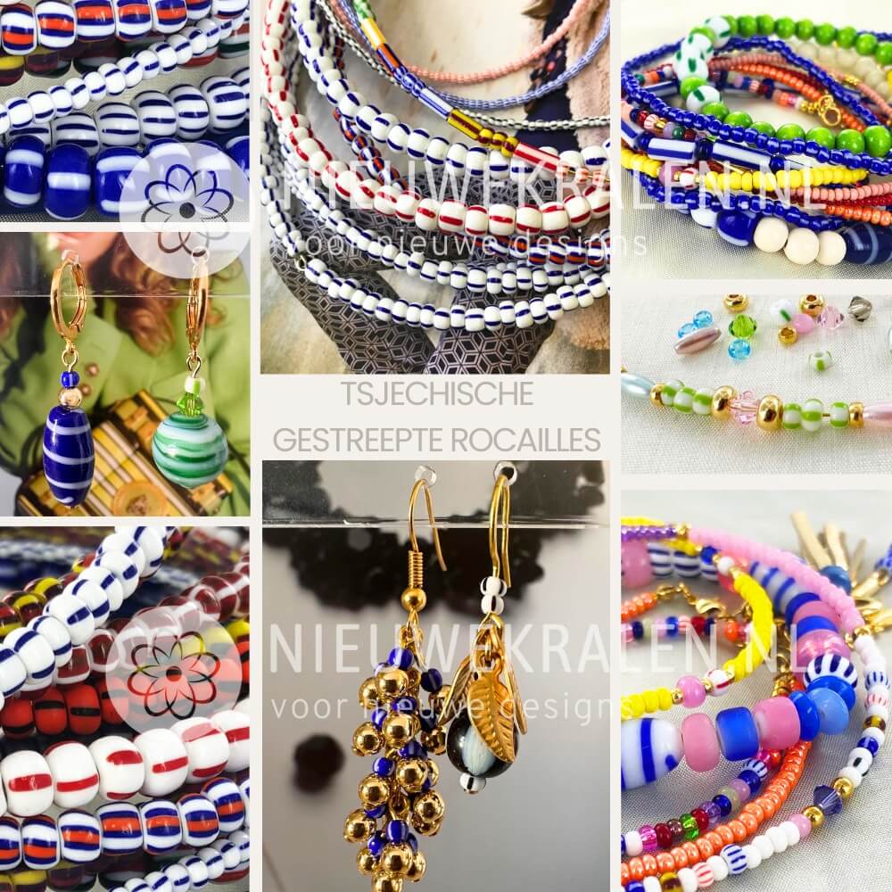 Sieradeninspiratie met gestreepte rocailles van Preciosa, Tsjechische glaskralen in verschillende kleuren; armbanden en oorbellen in één collage.