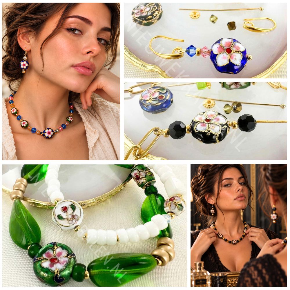 Inspiratie: ketting, oorbellen en armbanden gemaakt met cloisonné kralen, kristallen en goudkleurige onderdelen.