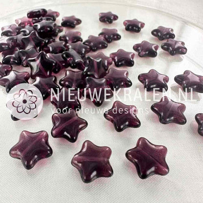 Sterretjes glaskralen 12 mm in de kleur transparant paars – Tsjechisch glas, pressed beads, voor sieraden maken. Nieuwekralen.nl.