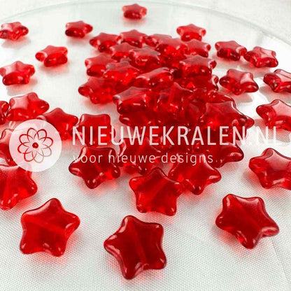 Sterretjes glaskralen 12 mm in de kleur transparant rood – Tsjechisch glas, pressed beads, voor sieraden maken. Nieuwekralen.nl.
