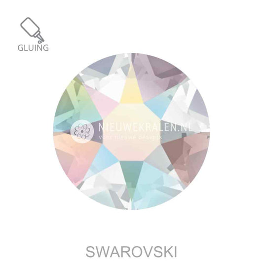 Swarovski plakstenen Non Hotfix Crystal AB (001AB) – luxe flatback kristallen zonder lijmlaag in kristal met Aurora Borealis coating met een magische regenboogeffect.