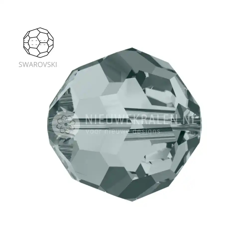 Swarovski Round Beads 6mm Black Diamond (215) kristalkralen in een verfijnde grijstint met een koele, diamantachtige schittering – facetgeslepen close-up productfoto.