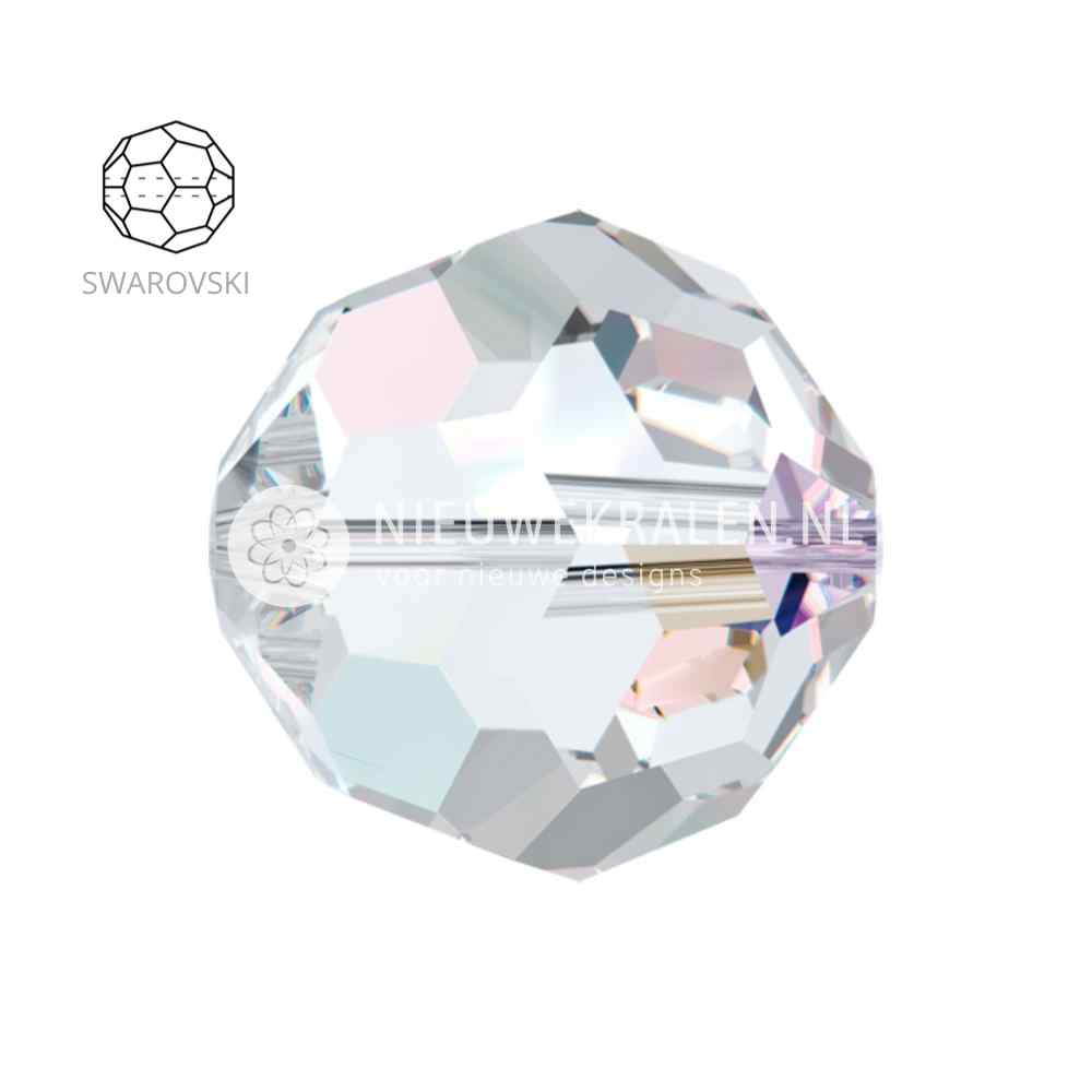 Swarovski Round Beads 6mm Crystal AB (001AB), kristalkralen in kristalkleur met de iconische Aurora Borealis-coating – facetgeslepen close-up productfoto.
