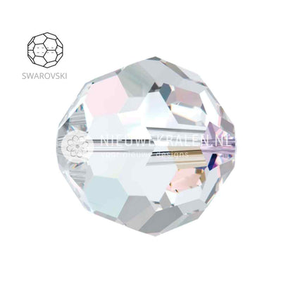 Swarovski Round Beads 6mm Crystal AB (001AB), kristalkralen in kristalkleur met de iconische Aurora Borealis-coating – facetgeslepen close-up productfoto.