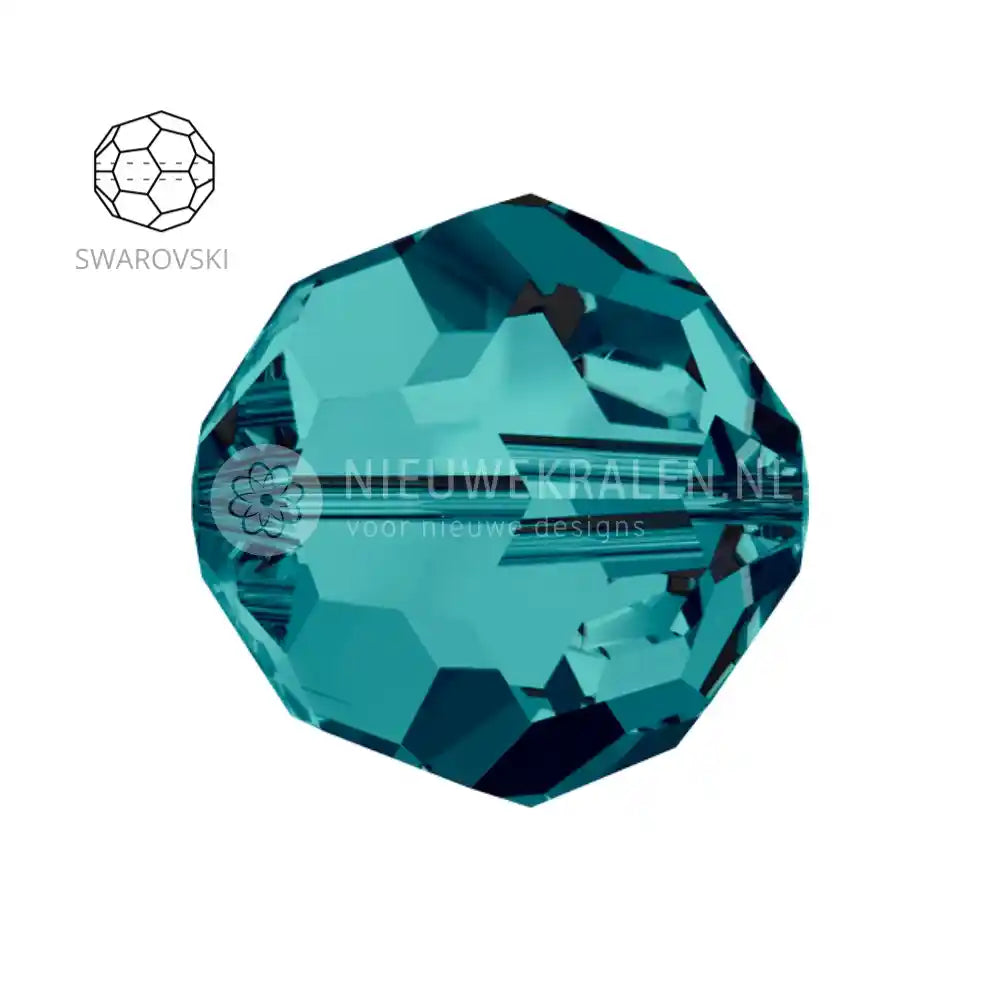 Swarovski Round Beads 6mm Indicolite (379) kristalkralen in een blauwgroene tint – facetgeslepen close-up productfoto.