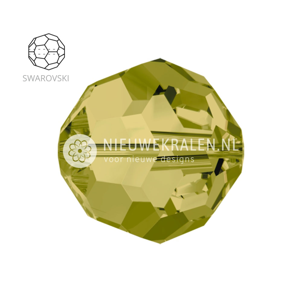 Swarovski Round Beads 6mm Khaki (550), kristalkralen in een warme, aardse groen kleur – facetgeslepen close-up productfoto.