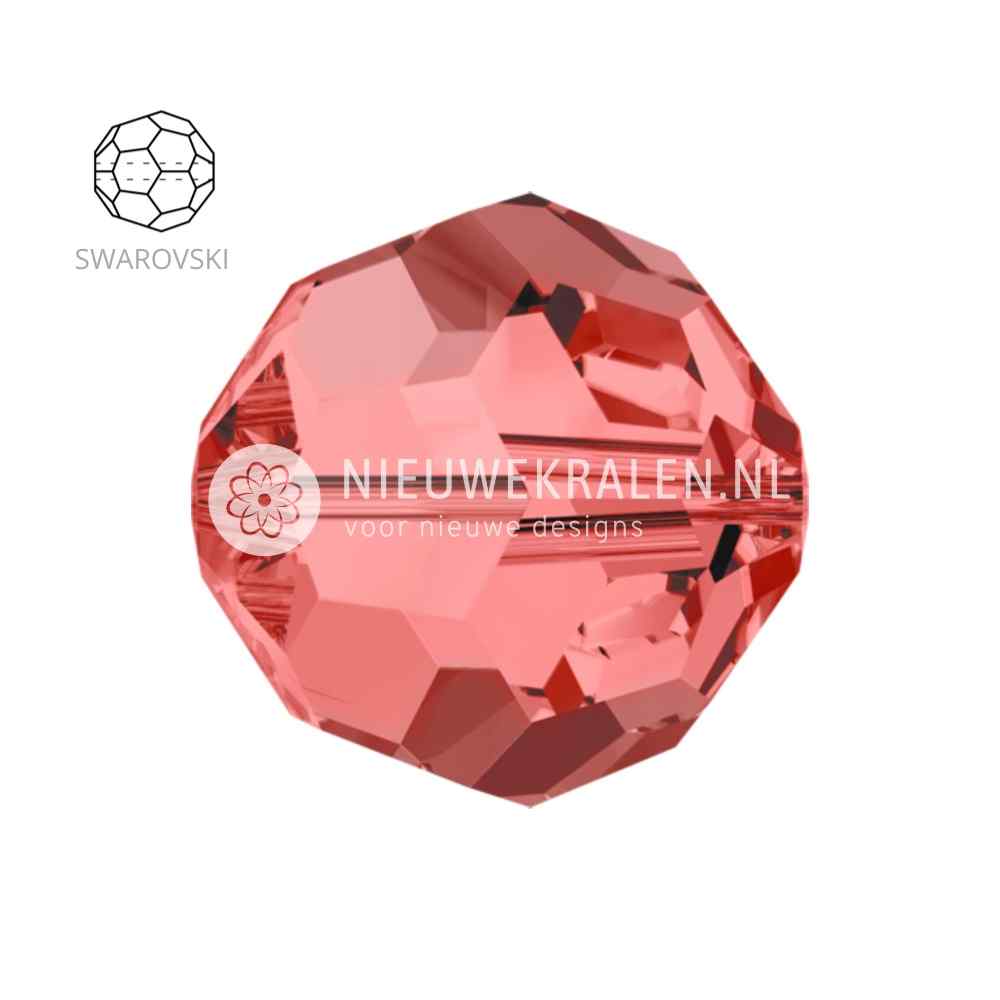Swarovski Round Beads 6mm Padparadscha (542), kristalkralen in een zachte mix van roze en oranje met een warme, sprankelende glans – facetgeslepen close-up productfoto.