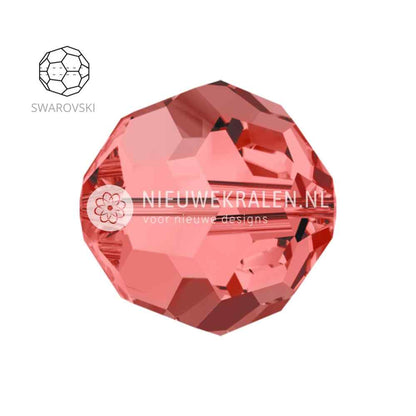 Swarovski Round Beads 6mm Padparadscha (542), kristalkralen in een zachte mix van roze en oranje met een warme, sprankelende glans – facetgeslepen close-up productfoto.
