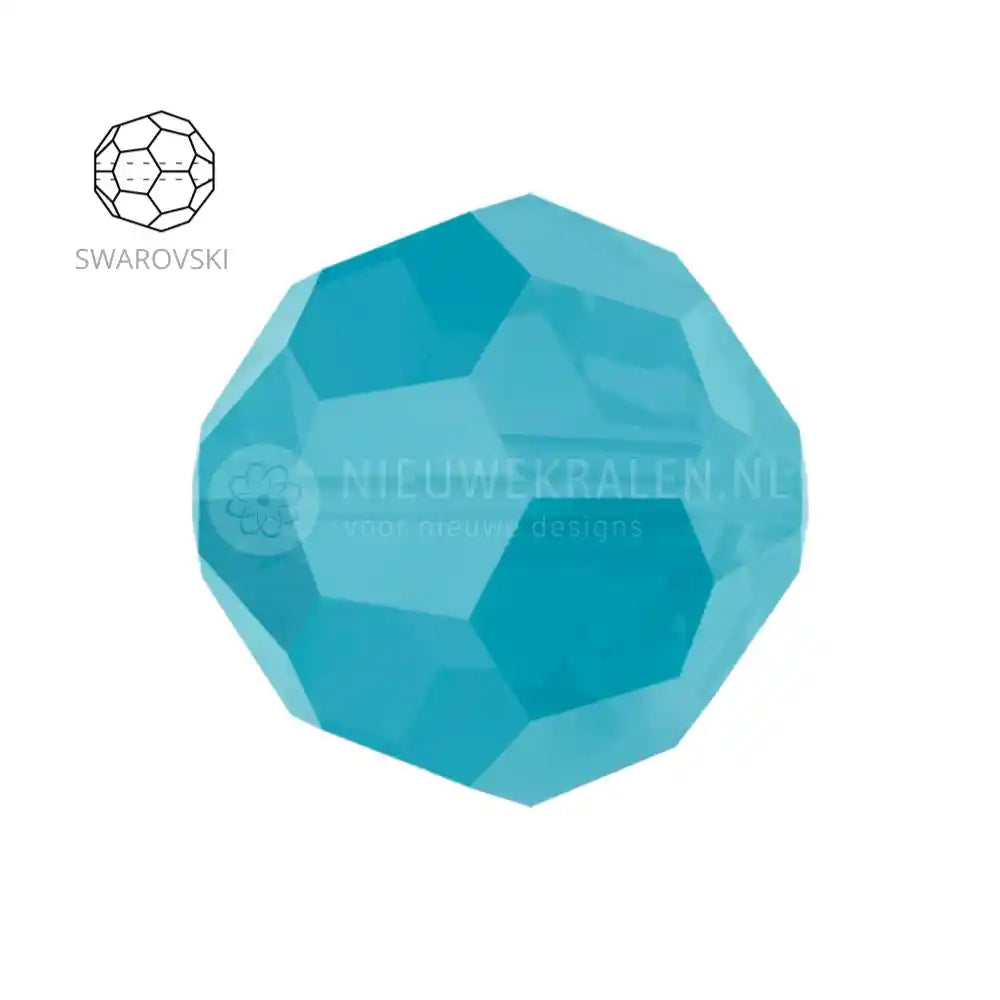 Swarovski Round Beads 6mm Turquoise (267), kristalkralen in een opaque blauwgroene kleur – facetgeslepen close-up productfoto.