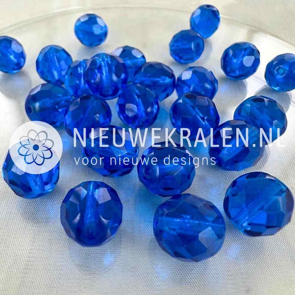 Tsjechische facet kralen 12 mm capri blue – Fire Polished glaskralen van Preciosa, transparant blauw.