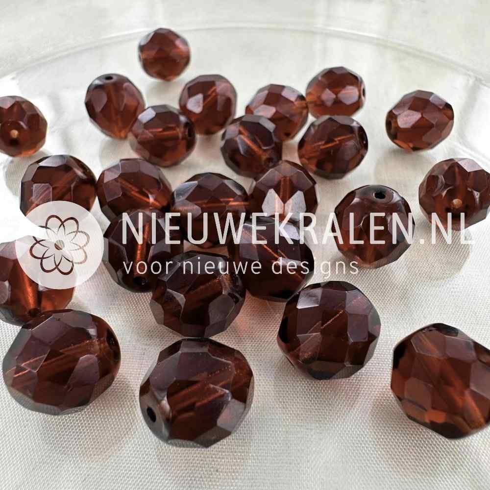 Tsjechische facet kralen 12 mm donkerbruin – Fire Polished glaskralen van Preciosa met schitterende glans.
