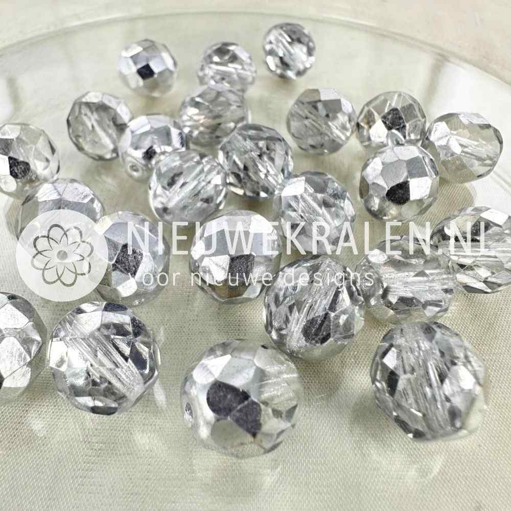 Tsjechische facet kralen 12 kristal zilver – Fire Polished glaskralen van Preciosa met schitterende glans en een halve metallic coating in zilver.