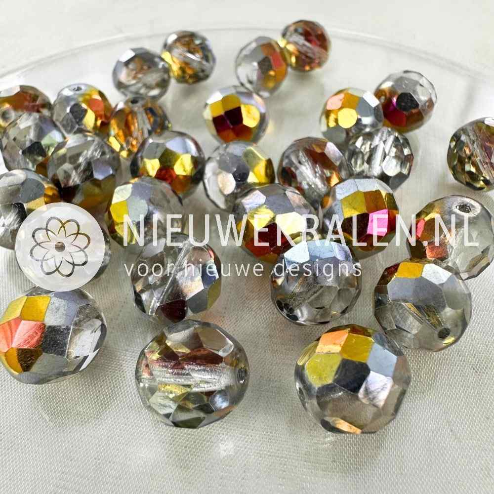 Tsjechische facet kralen 12 mm kristal zilver-goud – Fire Polished glaskralen van Preciosa met half metallic coating.