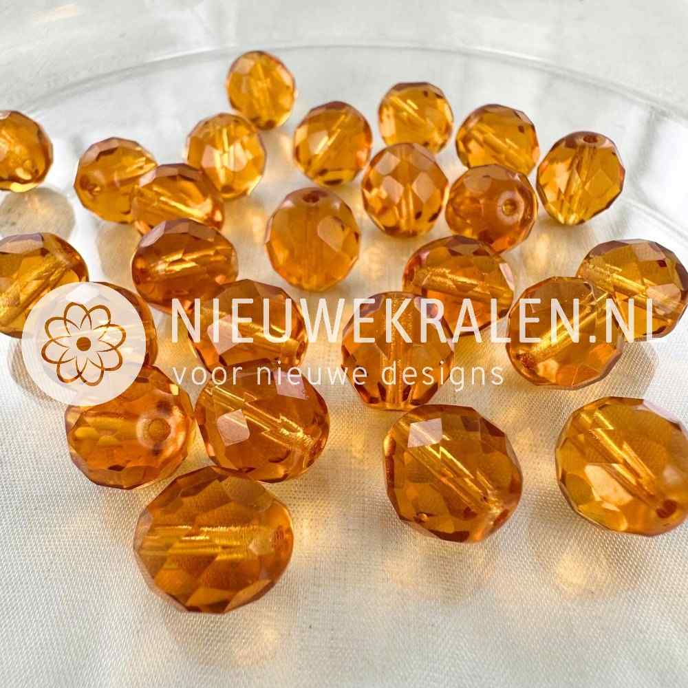 Tsjechische facet kralen 12 mm topaz – Fire Polished glaskralen van Preciosa in een transparant bruine kleur.