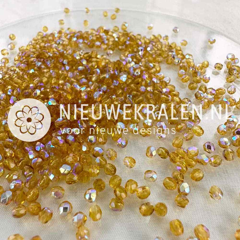 Tsjechische facet kralen 3 mm in de kleur bruin, beige met ab-coating - Fire polished glaskralen van Preciosa.