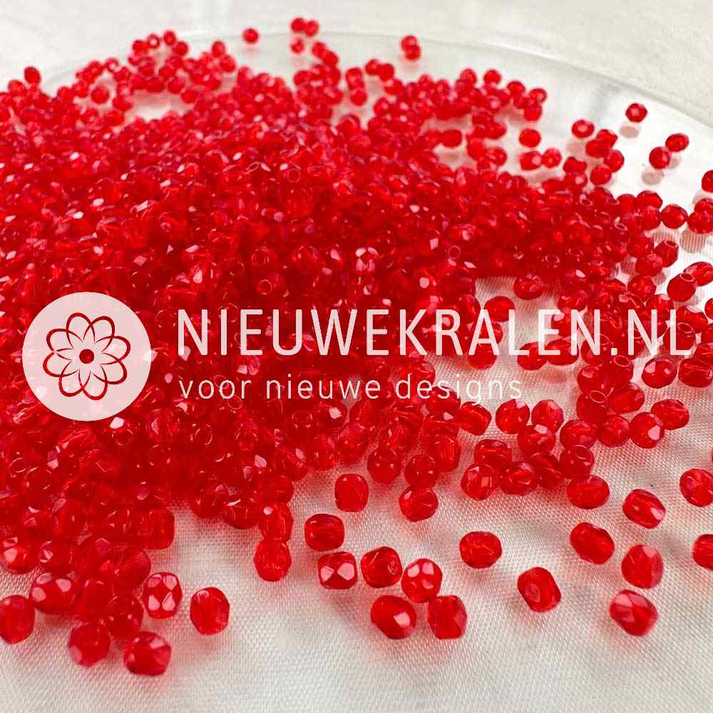 Tsjechische facet kralen 3 mm in de kleur lichtrood - Fire polished glaskralen van Preciosa.