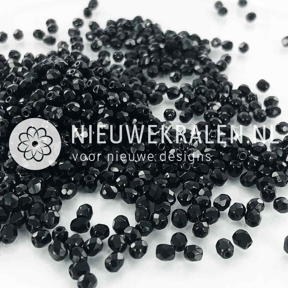 Tsjechische facet kralen 3 mm in de kleur zwart - Fire polished glaskralen van Preciosa.