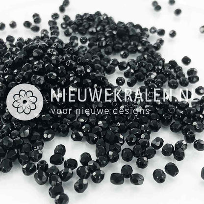 Tsjechische facet kralen 3 mm in de kleur zwart - Fire polished glaskralen van Preciosa.