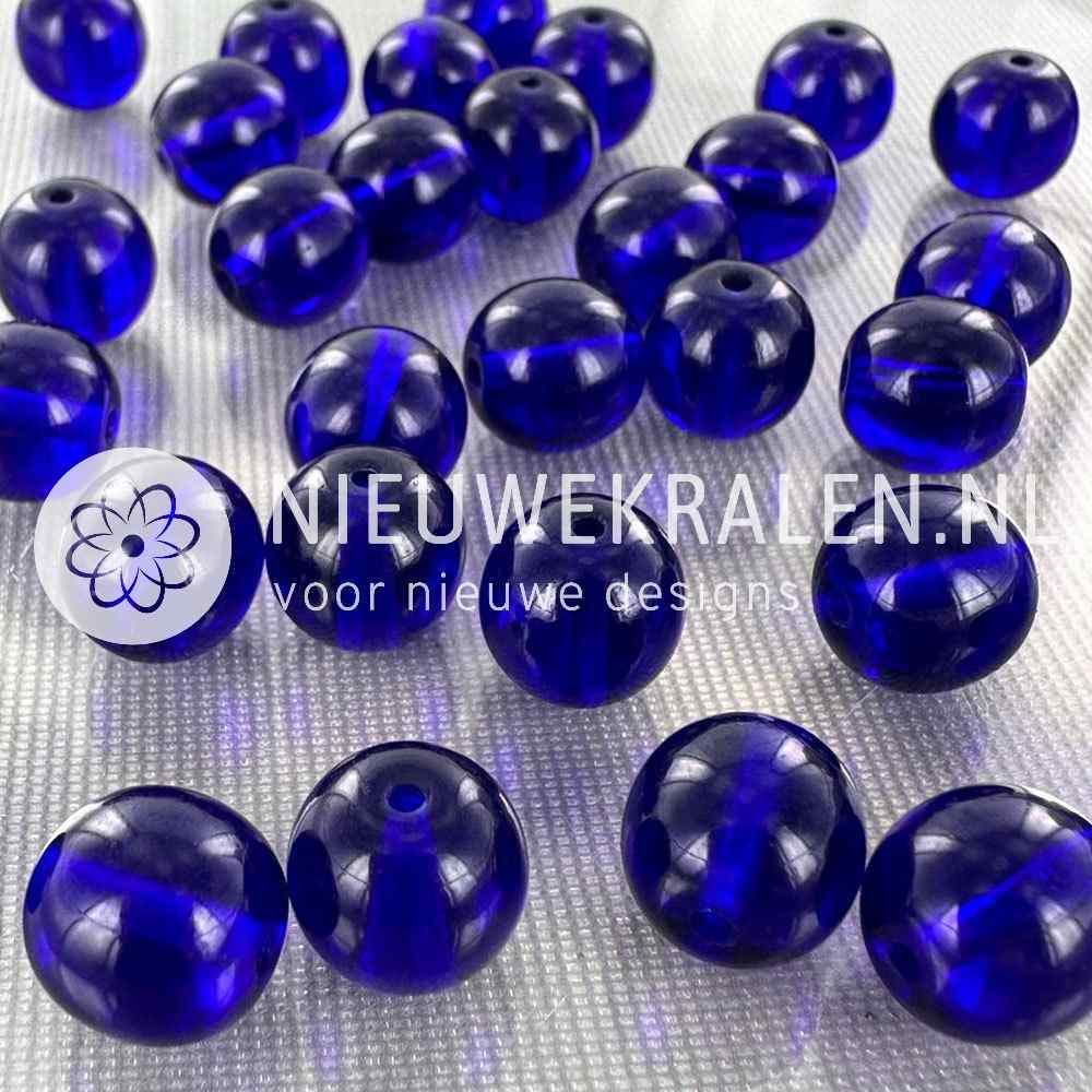 Tsjechische glaskralen rond 10mm kobaltblauw transparant – pressed beads Boheems glas