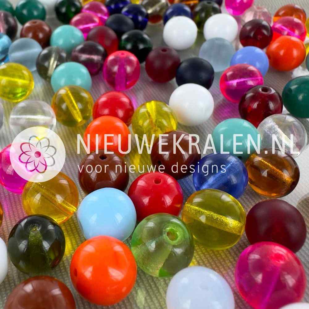 Tsjechische glaskralen rond 10mm mix met diverse kleuren – pressed beads Boheems glas kralenmix