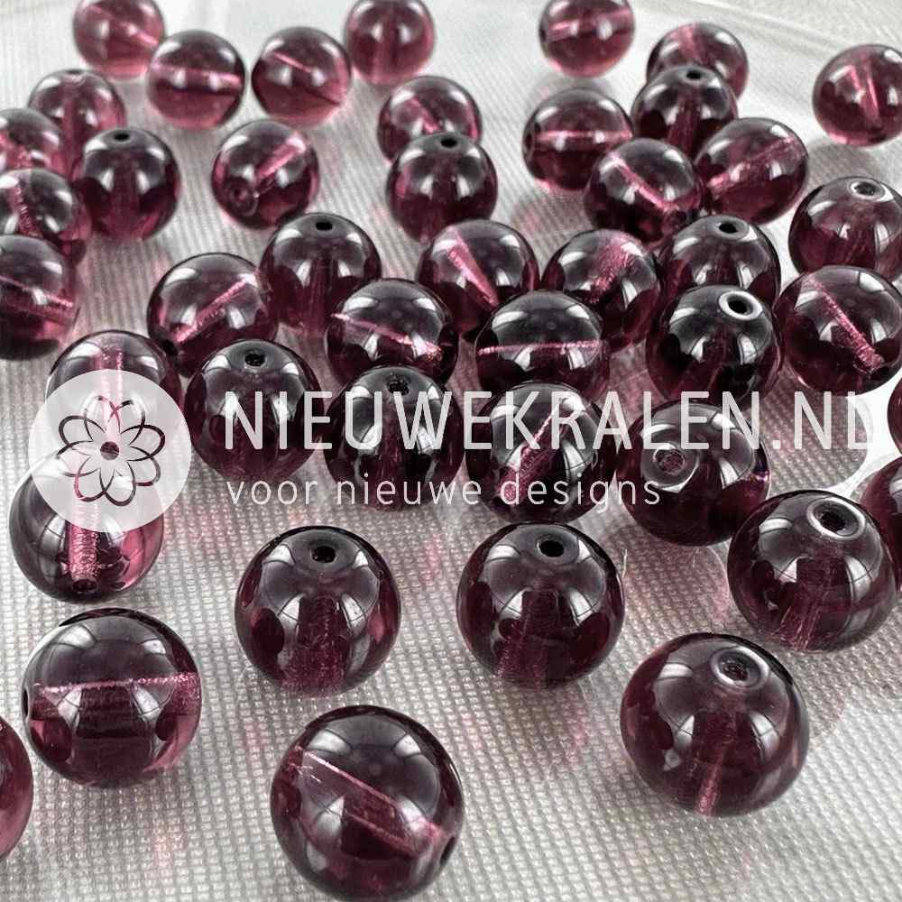 Tsjechische glaskralen rond 10mm paars transparant – pressed beads Boheems glas