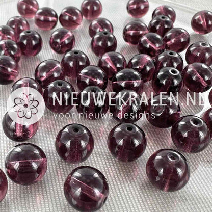 Tsjechische glaskralen rond 10mm paars transparant – pressed beads Boheems glas