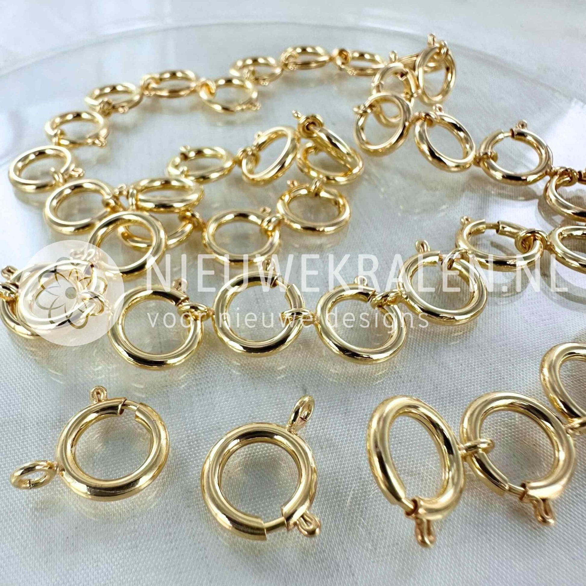 Veerringsluitingen 12 mm verguld – 24 k verguld met E-coating voor langdurige glans en kleurbehoud - sieradensluitingen voor armbanden, kettingen en voor het bevestigen van bedels en hangers.