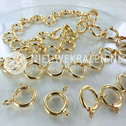Veerringsluitingen 12 mm verguld – 24 k verguld met E-coating voor langdurige glans en kleurbehoud - sieradensluitingen voor armbanden, kettingen en voor het bevestigen van bedels en hangers.