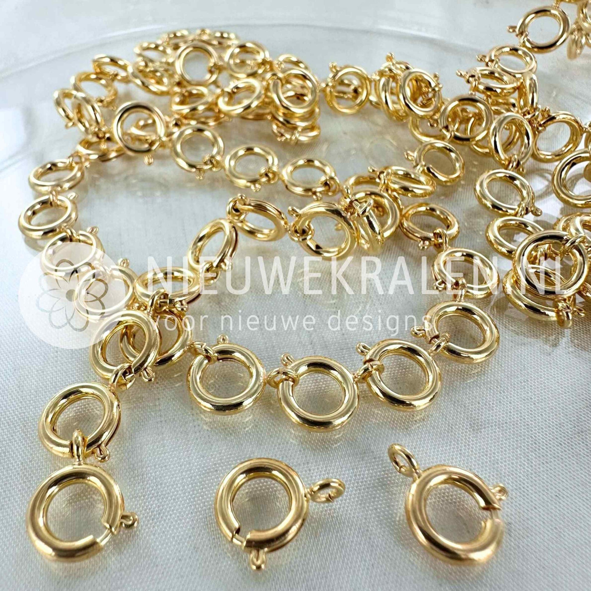 Veerringsluitingen 9 mm verguld – 24 k verguld met E-coating voor langdurige glans en kleurbehoud - sieradensluitingen voor armbanden, kettingen en voor het bevestigen van bedels en hangers.
