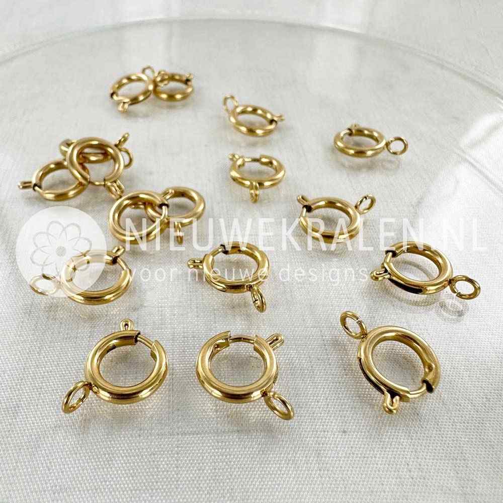 Veerringsluitingen RVS 10 mm goud – roestvrijstalen sieradensluitingen voor armbanden, kettingen en voor het bevestigen van bedels en hangers.