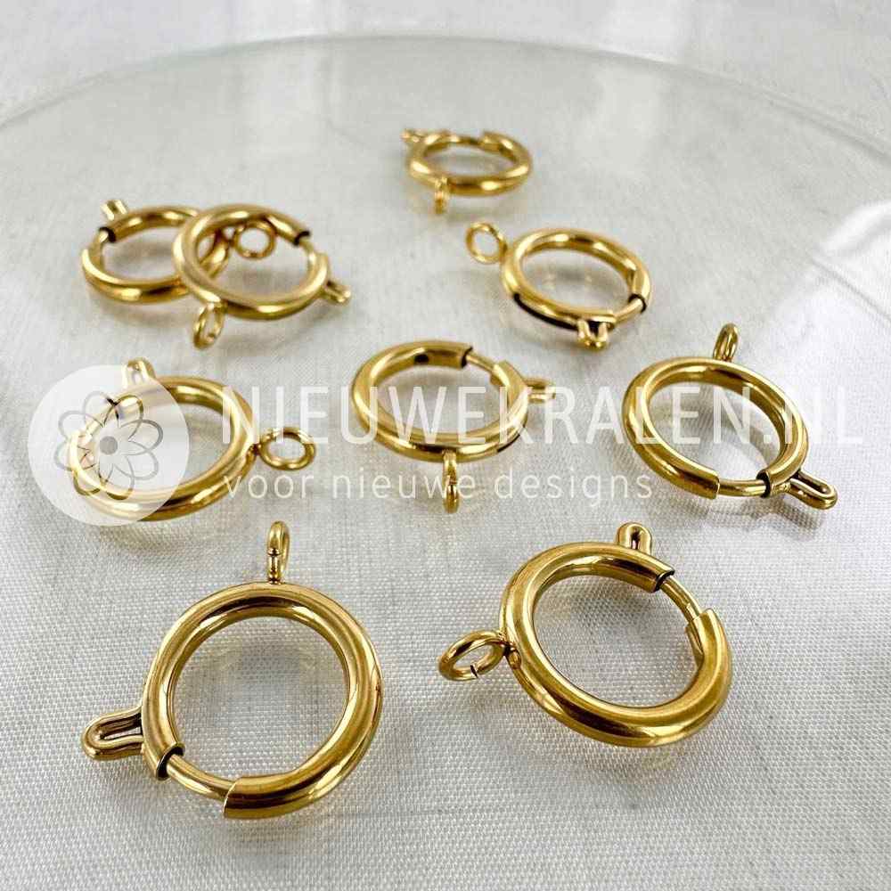 Veerringsluitingen RVS 16mm goud – roestvrijstalen sieradensluitingen voor armbanden, kettingen en voor het bevestigen van bedels en hangers.