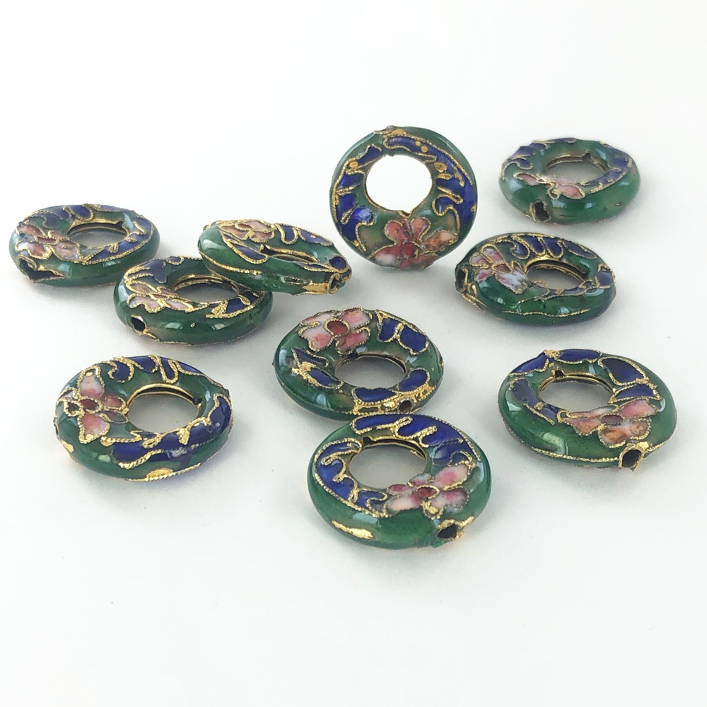 Cloisonne kralen 20mm rond plat groen per stuk