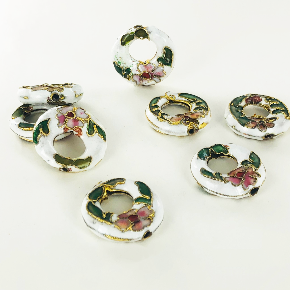 Cloisonne kralen 20mm rond plat wit per stuk
