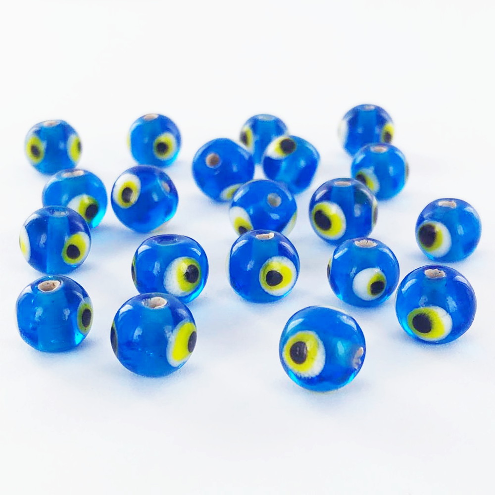 Glaskralen boze oog rond 8mm blauw per 1 stuk