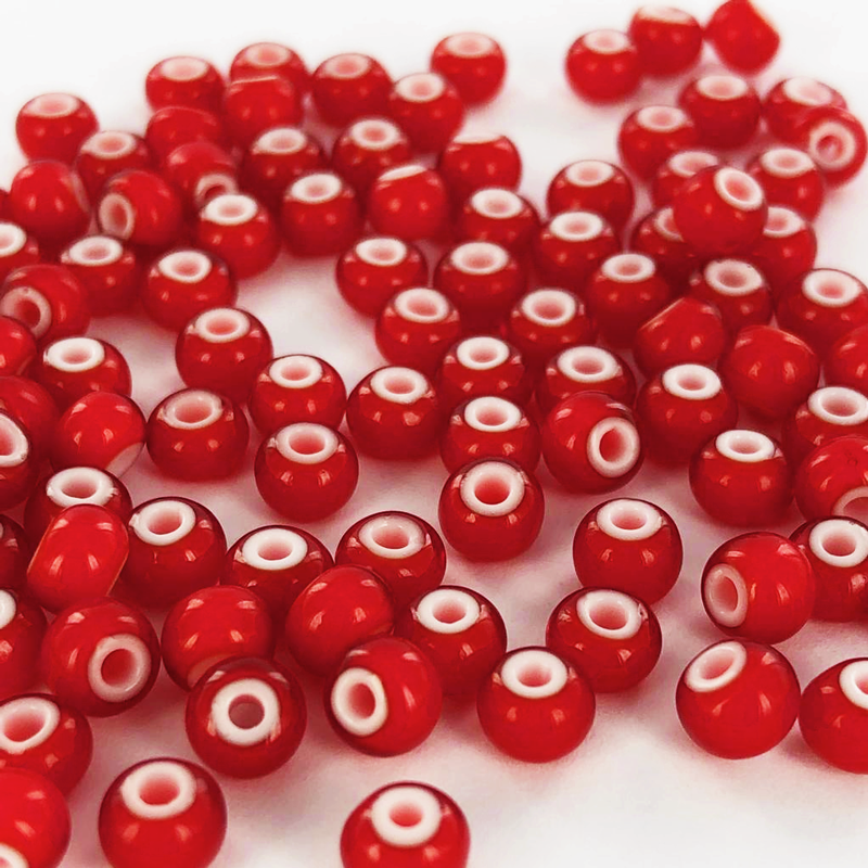 Glaskralen cilinder rood met witte kern 5mm per 10 gram