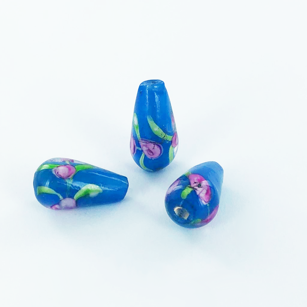 Glaskralen druppel met bloemen 16mm blauw per 2 stuks