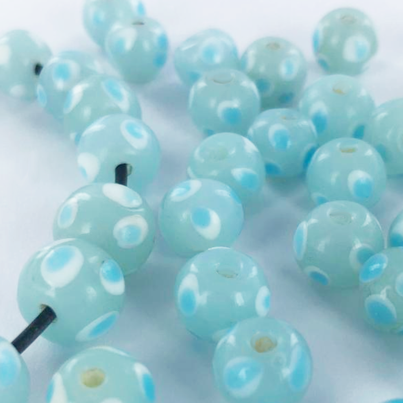 Glaskralen rond 10mm blauw kralen met stippen wit blauw per 5 stuks